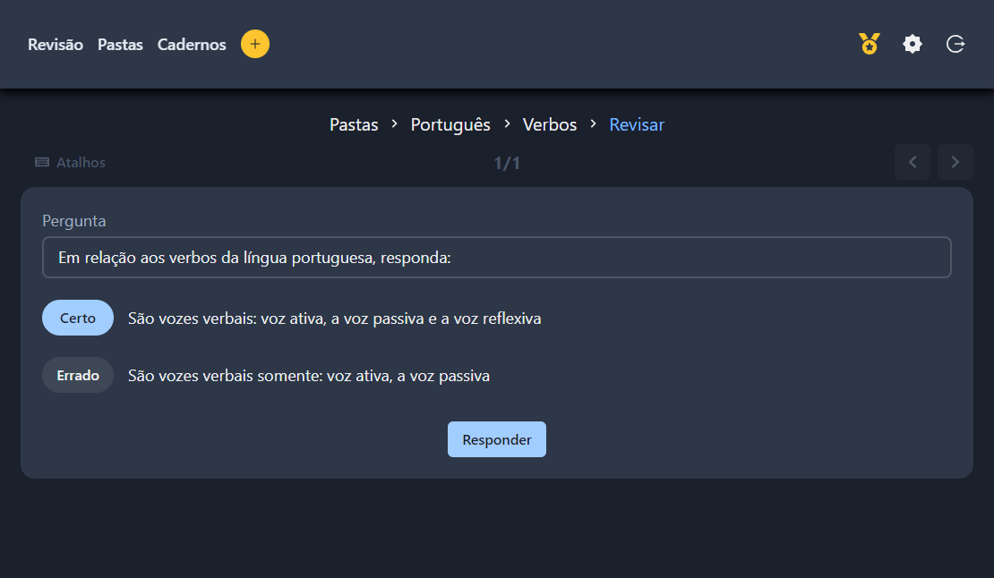Frente de um cartão do tipo Certo/Errado