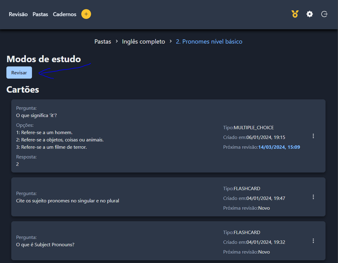 Botão Revisar da página de cadernos